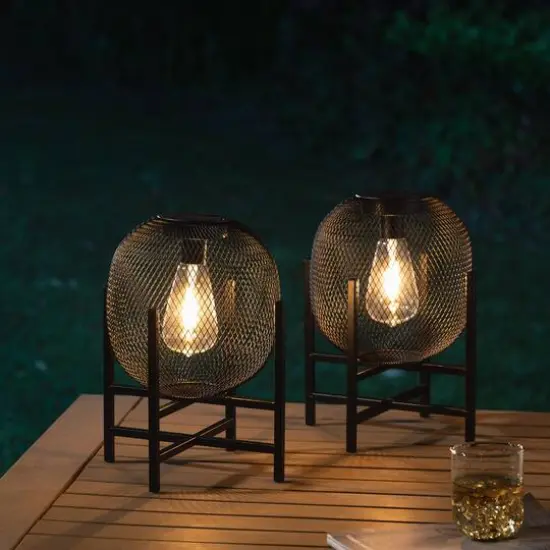 Glitzhome® 11.5" Metal Mesh Black Solar Powered Lantern with Stand, 2ct. {3}