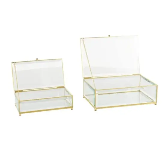 Clear & Gold Beveled Glass & Metal Rectangle Footed Jewelry Box with Chain Accent Set {4}