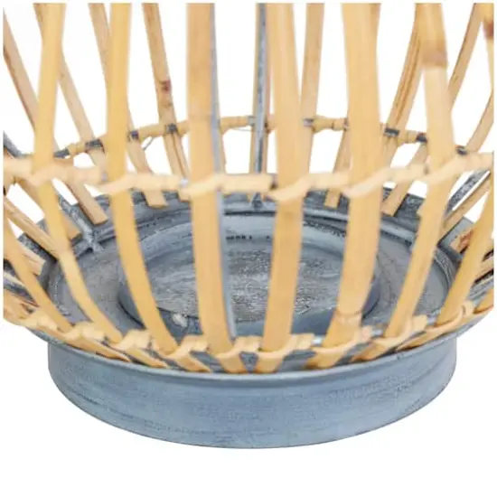 16" Brown Bamboo Handmade Open Framed Candle Lantern with Blue Metal Accents & Handle {5}