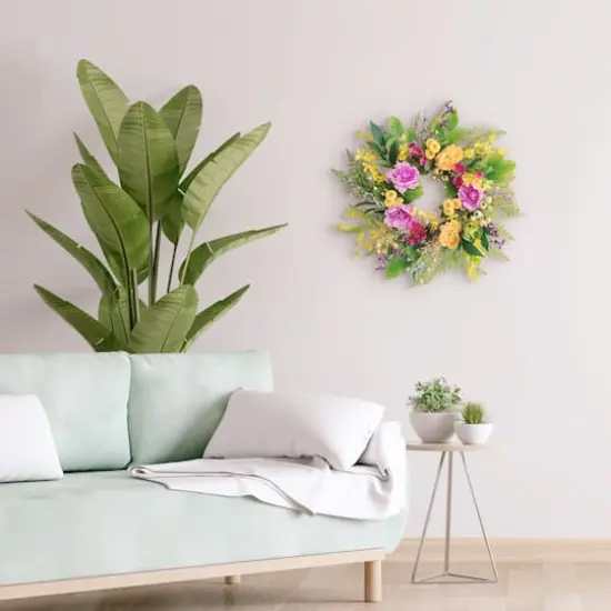 24" Pink, Orange & Yellow Spring Peony & Winter Jasmine Floral Wreath {5}