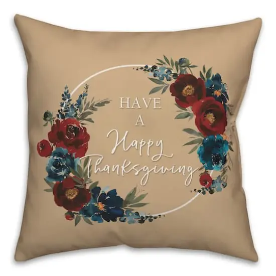 Happy Thanksgiving Floral Wreath Throw Pillow {1}