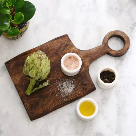 Hello Honey&reg; 18" Square Mango Wood Cutting Board with Handle {4}