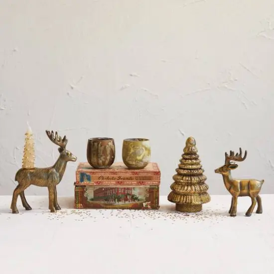 Hello Honey® 8.5" Antique Gold Finish Cast Aluminum Reindeer Taper Candleholder {3}