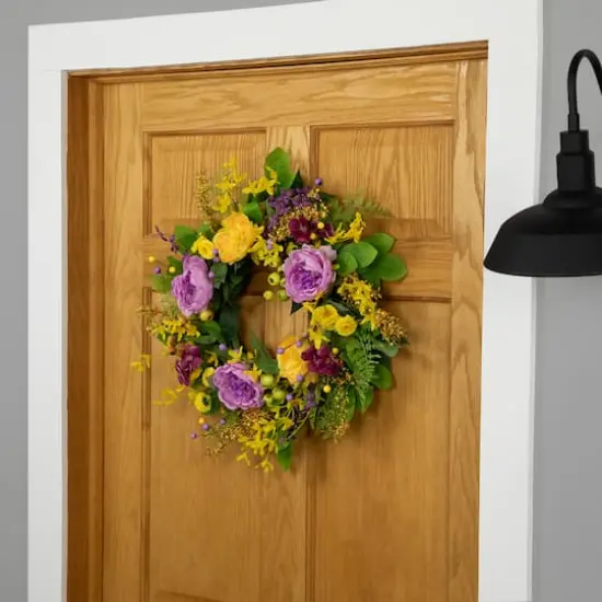 24" Yellow & Purple Peonies & Forsythia Spring Wreath {4}