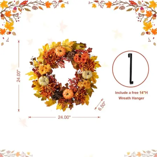 Glitzhome&reg; 24" Fall Dahlia, Pumpkin, Leaf & Berry Wreath {17}