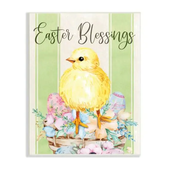 Stupell Industries Easter Blessings Text Striped Yellow Chick Egg Basket Wall Plaque Art {1}