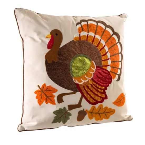 Glitzhome&reg; Cotton Embroidered Turkey Pillow Cover {5}