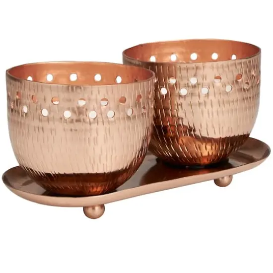 White Wax Sauvignon Blanc Scented Candle Set with Cutout Spotted Copper Container and Oval Holding Tray {3}