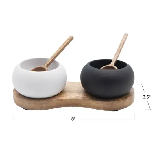 Hello Honey&reg; Black & White Pinch Pot Bowls with Wood Spoons & Mango Wood Tray Set {1}