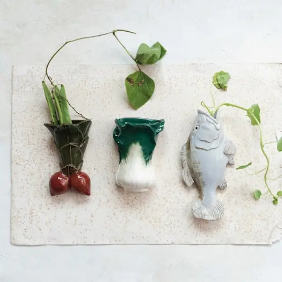 Hello Honey® 7.75" Green & White Embossed Stoneware Cabbage Shaped Wall Vase Planter {3}