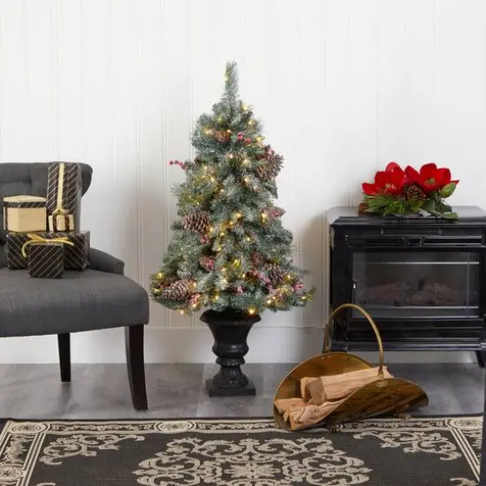 4ft. Pre-Lit Frosted Pine Artificial Christmas Tree with Pinecones & Berries, Clear LED Lights {6}