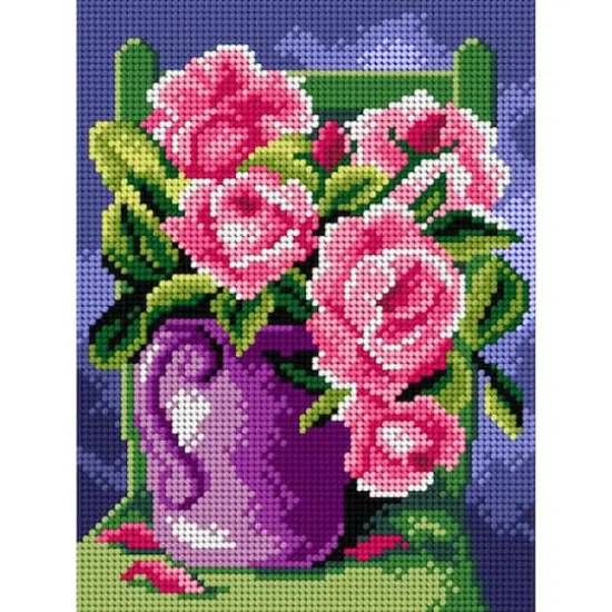 Orchidea Needlepoint Canvas For Halfstitch Without Yarn Roses In A Purple Jug - Printed Tapestry Canvas {1}