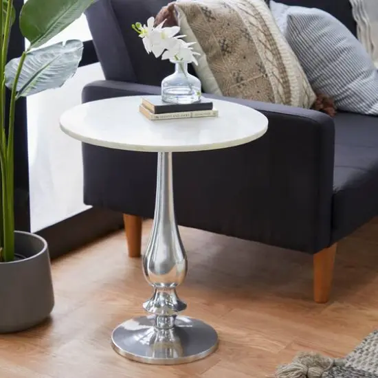 2ft. White Marble and Aluminum Traditional Accent Table {8}