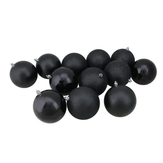 12ct. 4" 4-Finish Black Shatterproof Ball Ornaments {1}
