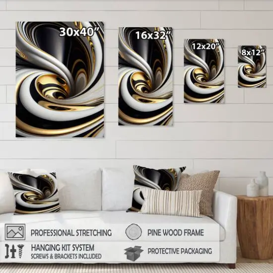Designart 'Gold Black And White Stained Glass I' Modern Framed Canvas Wall Art Thick Gold {5}