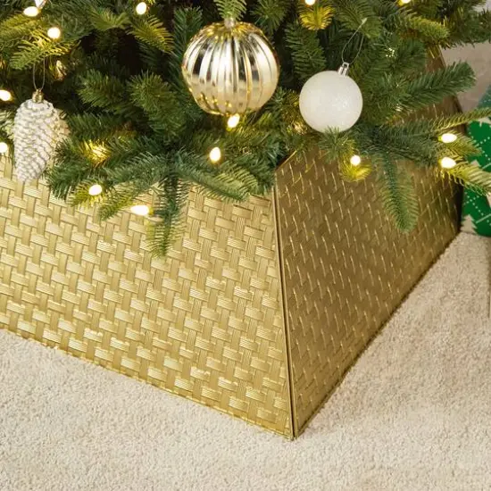 Glitzhome&reg; 25.75" Gold Trapezoid Metal Weave Tree Collar {5}