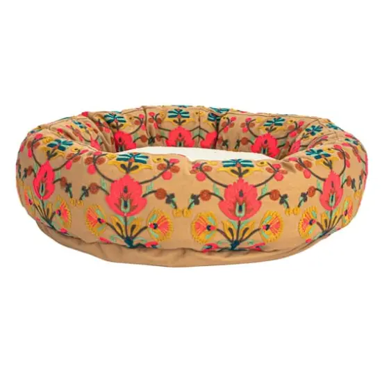 Hello Honey® 24" Pink & Brown Round Cotton Embroidered Sherpa Pet Bed {7}