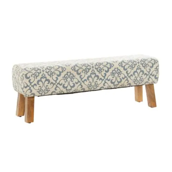 50" Cream Fabric Arabesque Scroll Bench with Wood Legs {1}