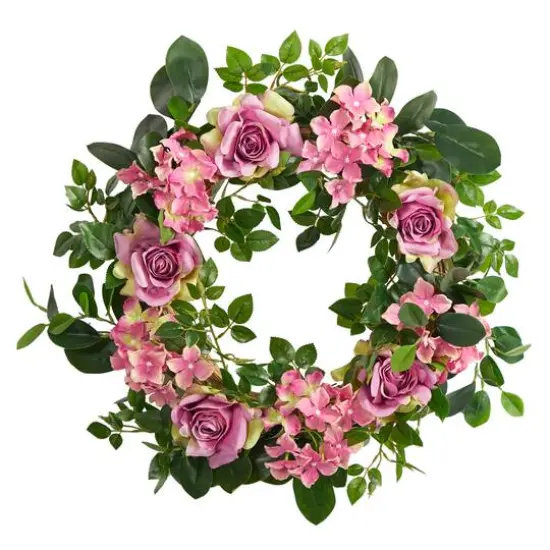 22" Pink Hydrangea & Rose Wreath {1}