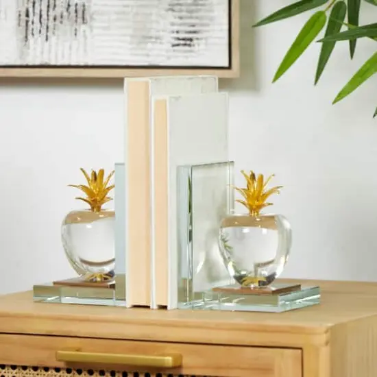 6" Clear Crystal Fruit Apple Bookends with Gold Leaves Set {3}