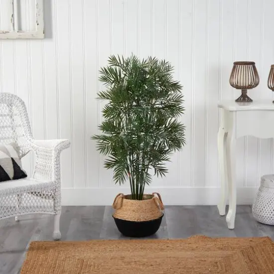 4ft. Parlor Palm Artificial Tree in Boho Chic Handmade Cotton & Jute Black Woven Planter {4}