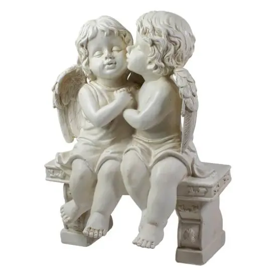 9.75" Kissing Cherubs Sitting on Bench Outdoor Garden Statue {6}