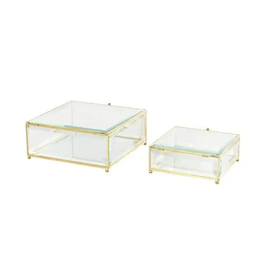 Clear & Gold Beveled Glass & Metal Square Footed Jewelry Box with Chain Accent Set {7}
