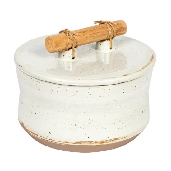 Hello Honey&reg; 6.75" Beige Reactive Glaze Stoneware Canister with Pine Wood & Jute Handle Lid {1}