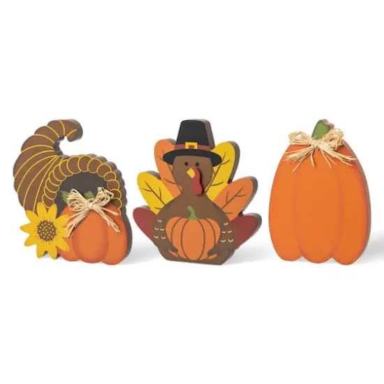 Glitzhome&reg; 7" Thanksgiving Wooden Pumpkin, Turkey & Croissant Table D&eacute;cor Set {1}