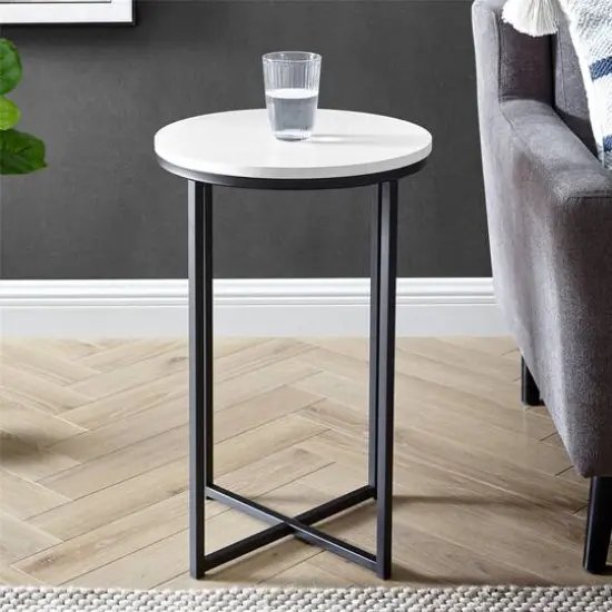 Walker Edison 16" Glam Round Side Table Faux White Marble/Black {5}