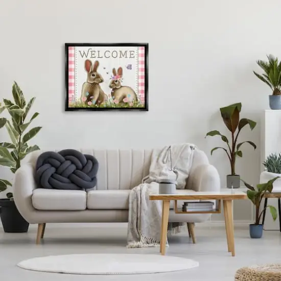 Stupell Industries Welcome Plaid Spring Garden Rabbits Floater Framed Art Black {3}