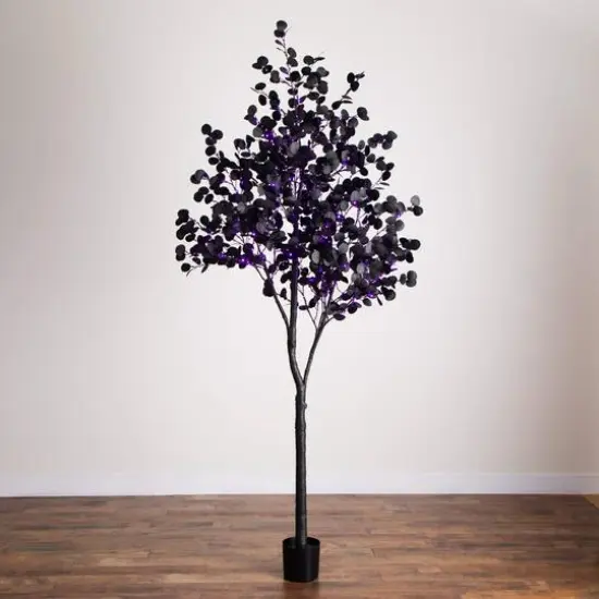 9ft. Pre-Lit Artificial Halloween Black Eucalyptus Tree with 700 Orange & Purple LED Lights {9}
