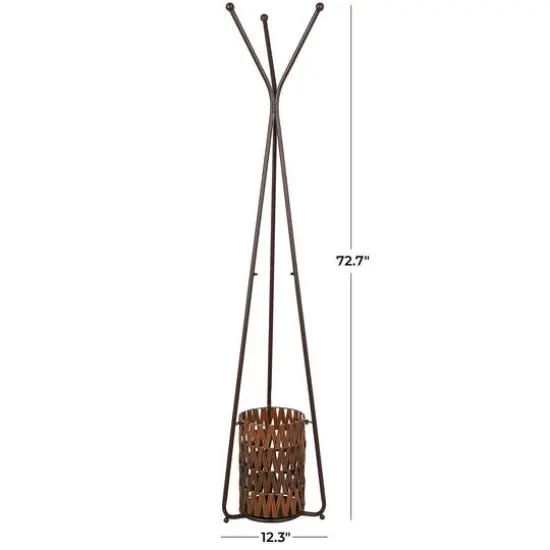6ft. Brown Metal Geometric 3-Hanger Coat Rack with Basket {8}