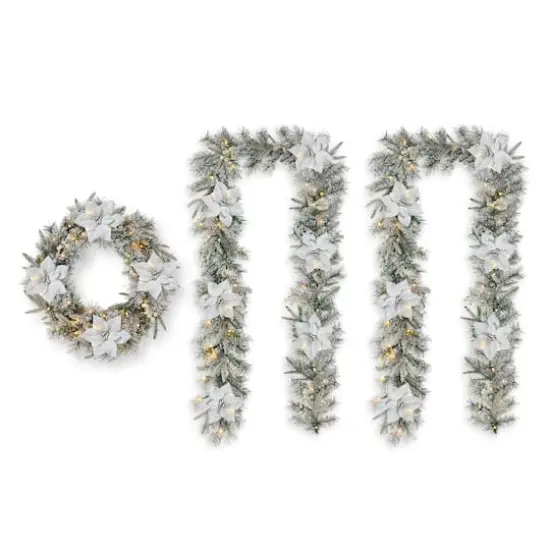 Glitzhome&reg; 24" Pre-Lit Snow Flocked Greenery Pine Poinsettia Christmas Wreath & Matched 2 Pack 9ft. Garland Set {1}
