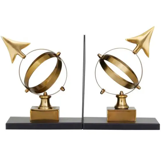 8" Gold Stainless Steel Armillary Bookends with Black Bases Set {5}