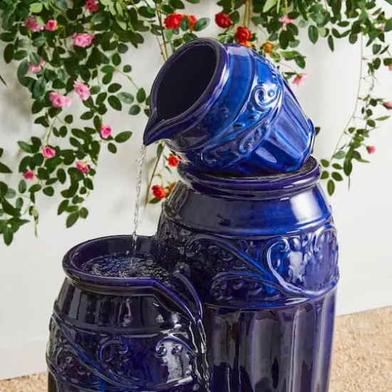 Glitzhome&reg; 35.5" Oversized 4-Tier Embossed Pattern Ceramic Pots Outdoor Fountain with LED Light {7}