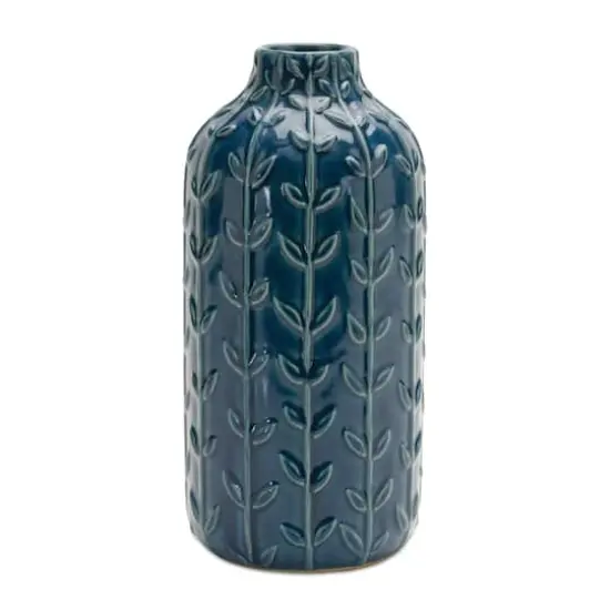8.75" Blue Ceramic Leaf Pattern Vase, 2ct. {4}