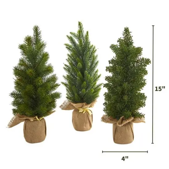 3 Pack 15" Unlit Mini Cypress & Pine Artificial Christmas Trees with Burlap Base {7}