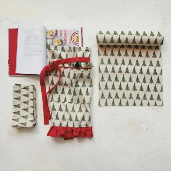 Hello Honey&reg; Natural, Green & Red Cotton Printed Half Apron with Christmas Tree Pattern, Pocket & Ruffle {3}