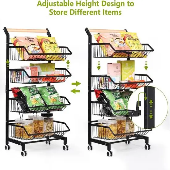 Black 4 Tier Fruit Vegetable Storage Basket Rolling Cart {8}