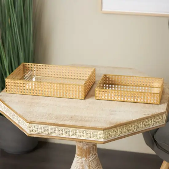 Brown Woven Rattan Tray Set with Mirrored Glass Interiors {3}