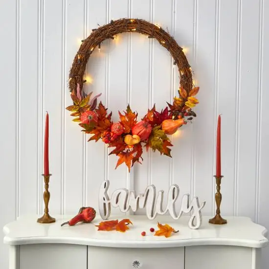 22" Pre-Lit Pumpkin & Maple Autumn Wreath {5}