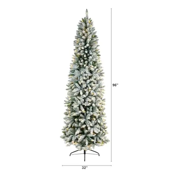 8ft. Pre-Lit Slim Flocked Montreal Fir Artificial Christmas Tree, White LED Lights {3}