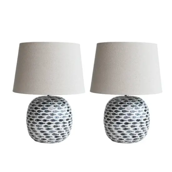 Hello Honey&reg; 21.5" Blue and White Coastal Capiz and Bamboo Table Lamp Set with Fish Design {1}