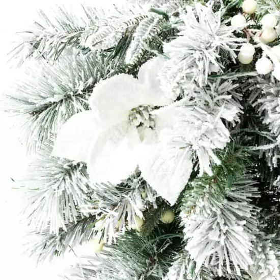 Glitzhome&reg; 36" Pre-Lit Flocked Greenery Pine White Poinsettia & Berry Christmas Teardrop with Timer {7}