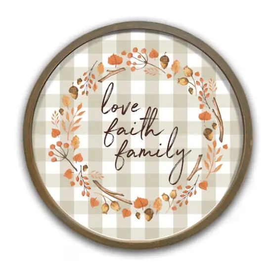 Love Faith Family Script 20" x 20" Round Brown Framed Print {1}