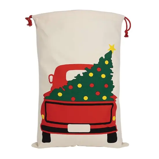 Personality Case&trade; 19" x 26" Red Truck Tree Cotton Christmas Drawstring Bag {1}