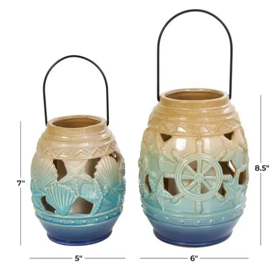 Blue Ceramic Ombre Nautical Cutout Candle Lantern Set {7}
