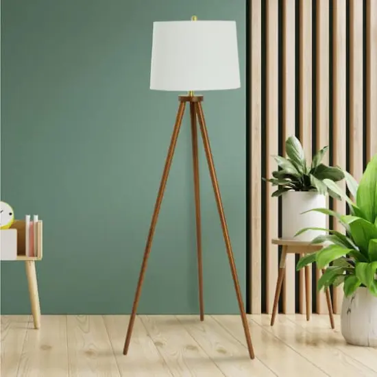 Hello Honey&reg; Mid-Century Modern Tripod Wood Floor Lamp with Linen Shade Espresso {5}