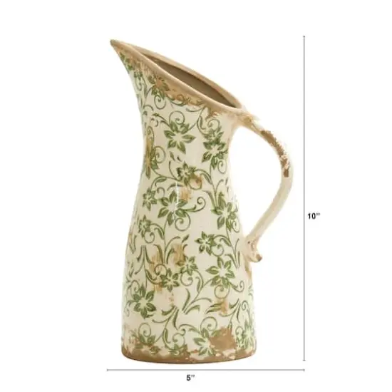 10" Tuscan Ceramic Green Scroll Pitcher Vase {3}